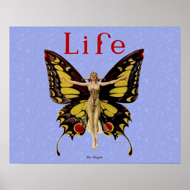 Poster Illustration de femme volant papillon Flapper (Devant)