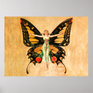 Poster Illustration de femme volant papillon Flapper