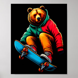 Poster Illustration de Grizzli funky cool en skateboard