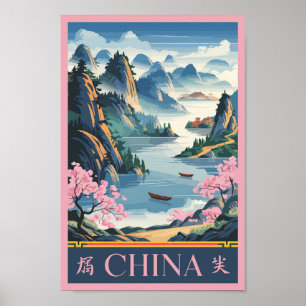 Poster Illustration de la Chine Rose Art de Voyage Vintag