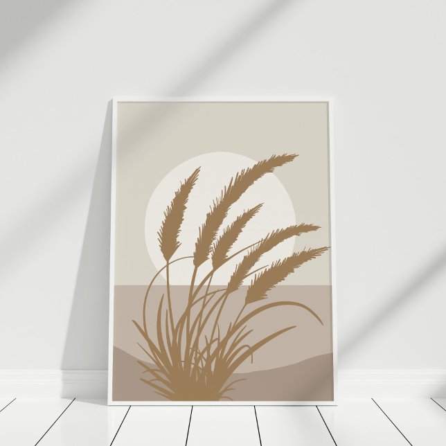 Poster Illustration de la Pleine lune en laiton de Boho P (Boho Pampas Grass Full Moon Illustration Poster on a white frame against white wall.)