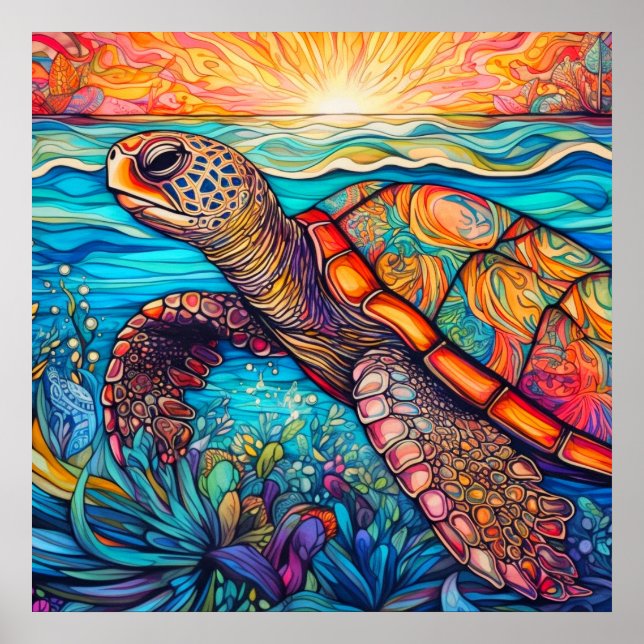 Poster Illustration de la tortue de mer en nage mignonne (Devant)