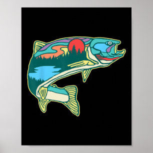 Poster Illustration de la truite de la nature Retr de pêc