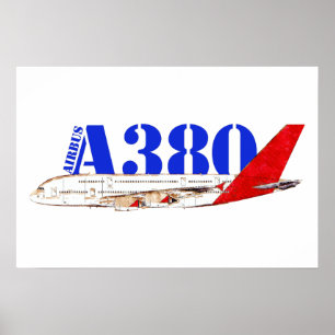 Poster Illustration de l'Airbus A380 avec une queue rouge