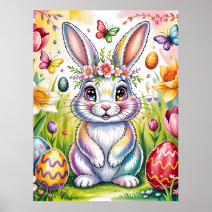 Poster Illustration de lapin de Pâques coloré avec couron