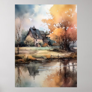 Poster Illustration de l'aquarelle du paysage d'automne I