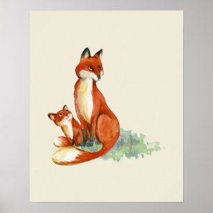 Poster Illustration de l'aquarelle Momma Fox et Baby