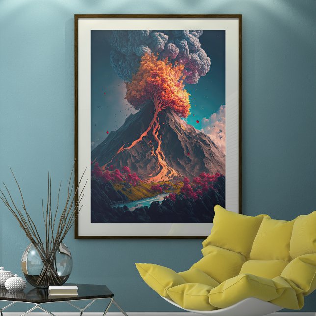 Poster Illustration de l'arbre et du volcan en rupture (Créateur téléchargé)