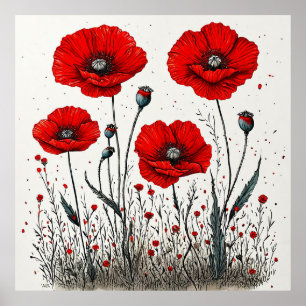 Poster Illustration de l'effervescence des pavots rouges
