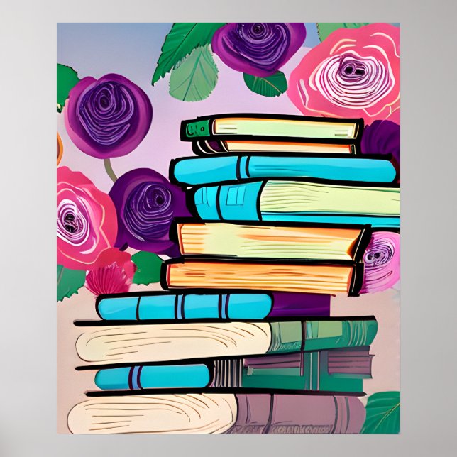 Poster Illustration de livres et fleurs d'art numérique (Devant)