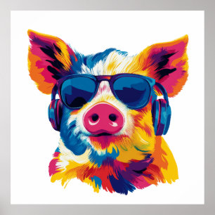 Poster Illustration de lunettes de portrait de porc aquar