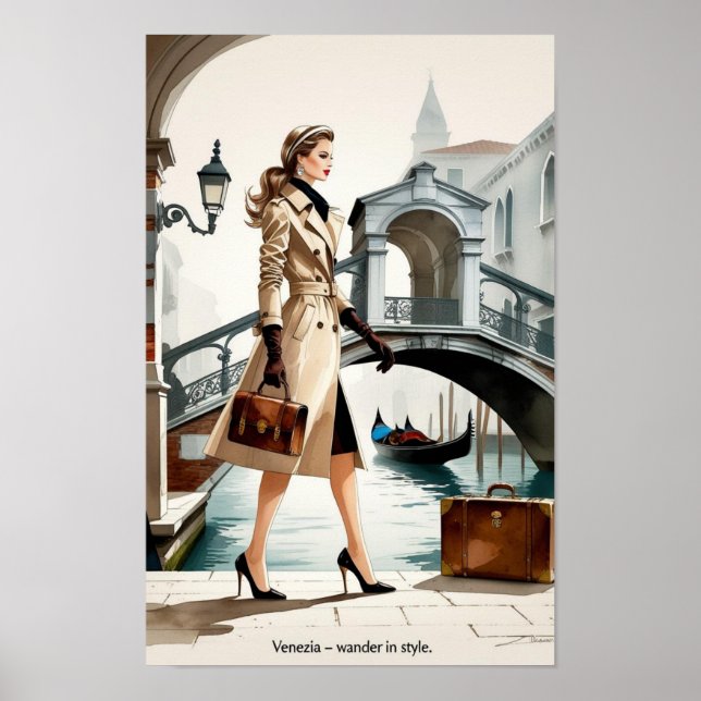 Poster Illustration de mode d'une femme traversant Venise (Devant)