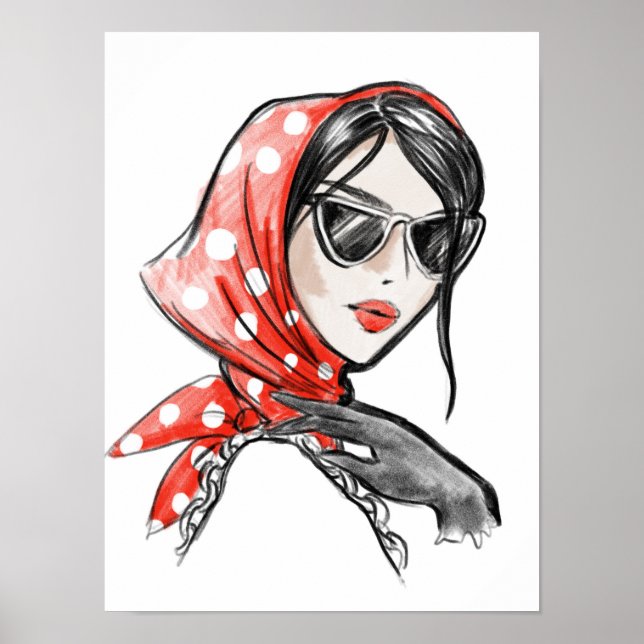 Poster Illustration de mode femme en châle rouge (Devant)