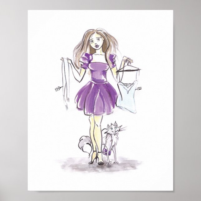 Poster Illustration de mode Shopping Fille Chat Aquarelle (Devant)