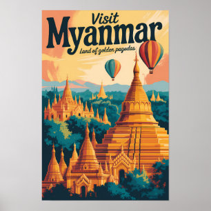 Poster Illustration de pagodes du Myanmar Art de voyage v