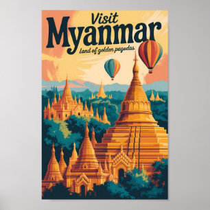Poster Illustration de pagodes du Myanmar Art de voyage v