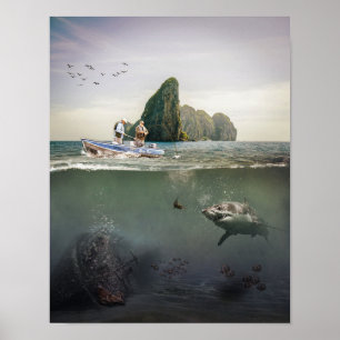Poster Illustration de pêcheurs, de requin et de naufrage