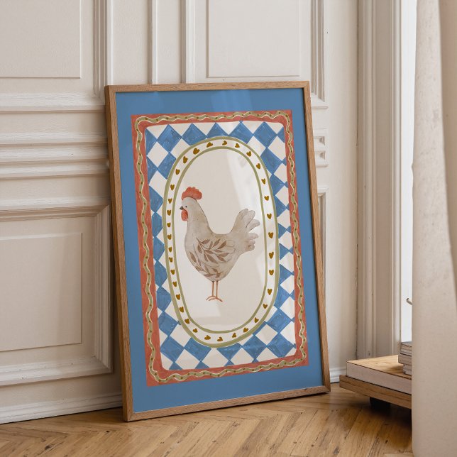Poster Illustration de poulet rustique (Farmhouse chicken wall art for nursery with colorful vintage hen illustration)