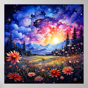Poster Illustration de Prairie Scénique Après Minuit