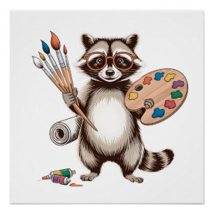 Poster Illustration de Raton Laveur Peintre Cool