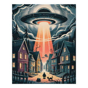 Poster Illustration de rue nocturne d'enlèvement par OVNI
