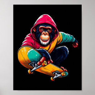 Poster Illustration de singe bonobo funky cool en skatebo