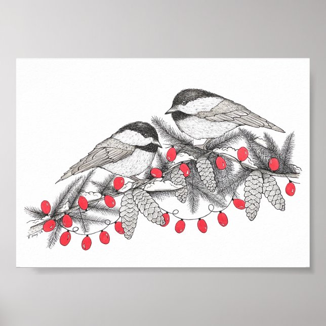 Poster Illustration de stylo et d'encre pour chickadees d (Devant)