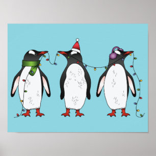 Poster Illustration de trois pingouins de Noël festifs