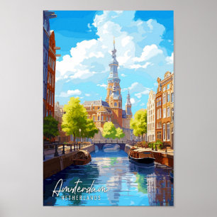 Poster Illustration de voyage vintage d'Amsterdam Pays-Ba