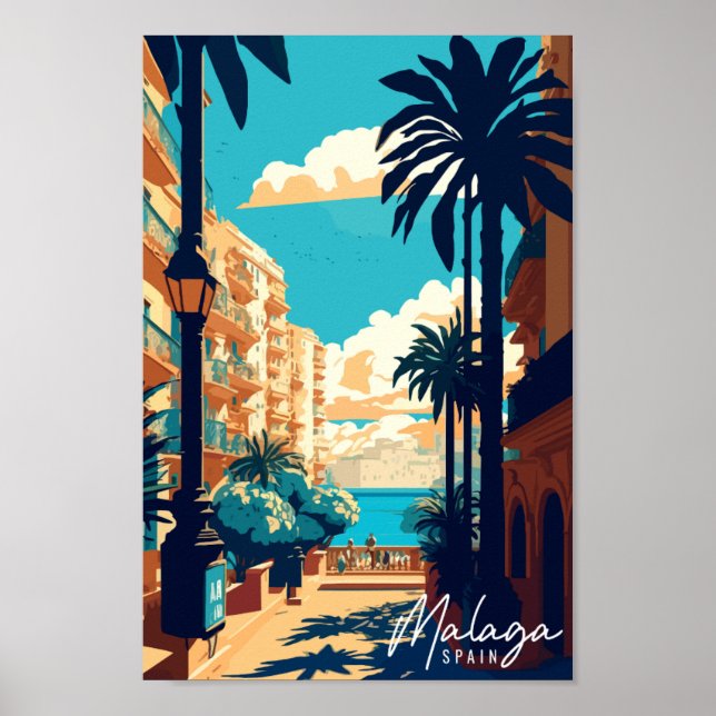 Poster Illustration de voyage vintage de Malaga Espagne (Devant)
