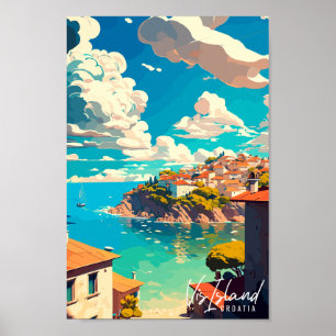 Poster Illustration de voyage vintage de Vis Island Croat