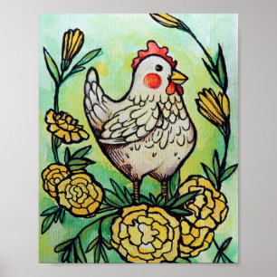 Poster Illustration des poulets à fleurs et poulets