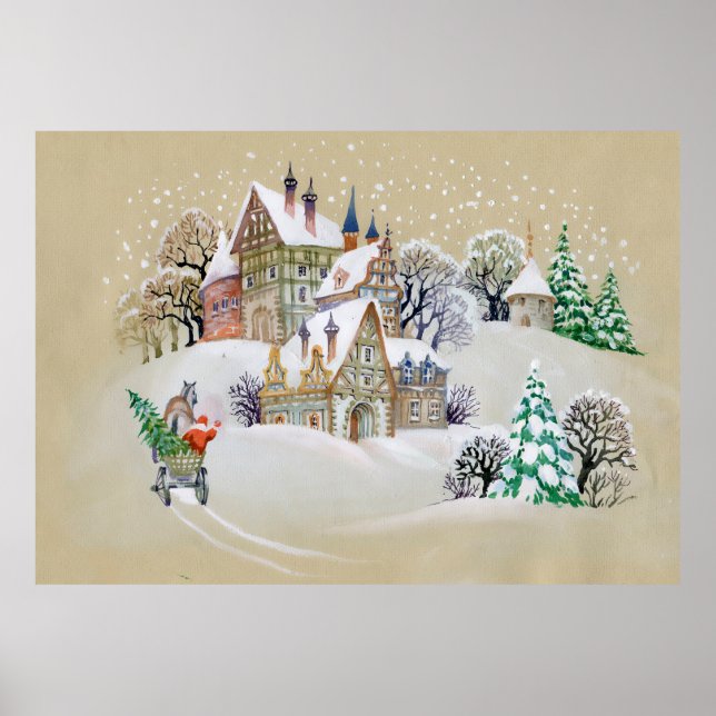 Poster Illustration dessinée à la main avec paysage d'hiv (Devant)