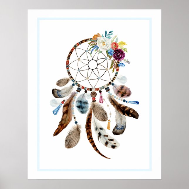 Poster Illustration Dreamcatcher plumes et fleurs (Devant)