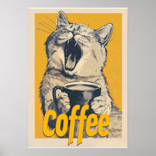 Poster Illustration drôle de chat au café - Chat bâillant