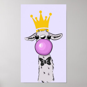 Poster Illustration drôle de lama soufflant une bulle ros