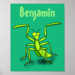 Poster Illustration drôle de mante verte en prière