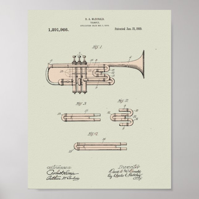 Poster Illustration du brevet de trompette Vintage coloré (Devant)
