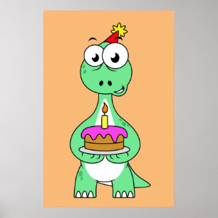 Poster Illustration Du Brontosaurus Avec Gâteau D'Anniver