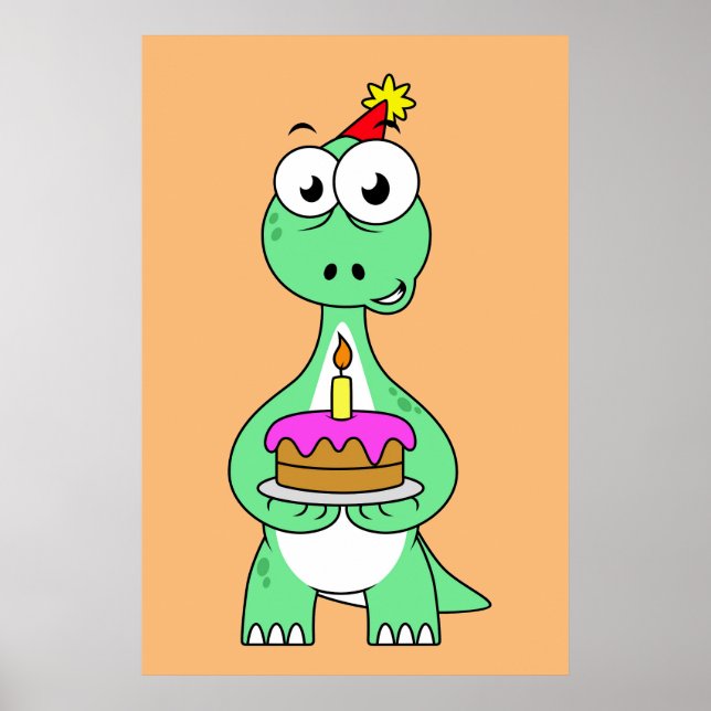 Poster Illustration Du Brontosaurus Avec Gâteau D'Anniver (Devant)