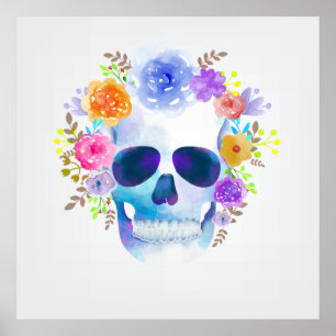 Poster Illustration du crâne floral d'aquarelle