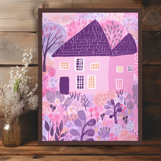 Poster Illustration du jardin de la maison de couleur dou (Sweet Watercolor House Garden Illustration Poster
Wall Art Pink Purple)