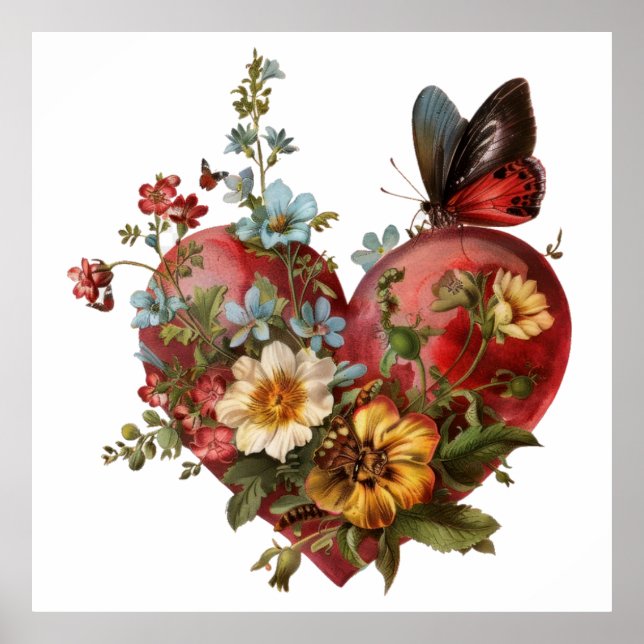 Poster Illustration du papillon floral en forme de coeur (Devant)
