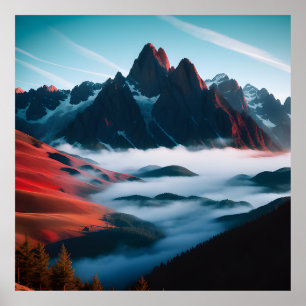 Poster Illustration du paysage de la montagne Retro Rouge