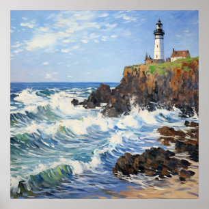Poster Illustration Du Phare Impressionniste En Terre Côt
