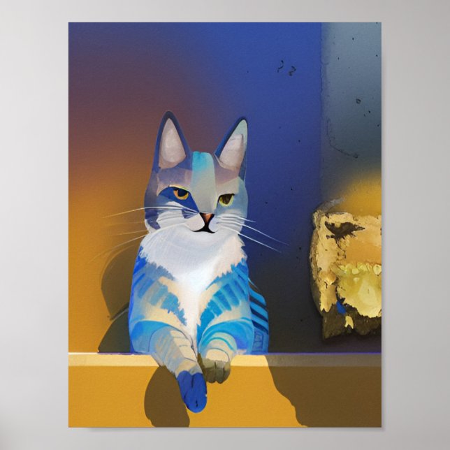 Poster Illustration du soleil doré du chat bleu (Devant)