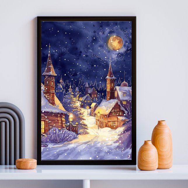 Poster Illustration du village de Noël dans la nuit de ne (Créateur téléchargé)