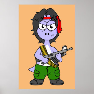 Poster Illustration D'Un Brontosaurus Habillé En Rambo.