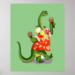 Poster Illustration D'Un Brontosaurus Jouant À Maracas.