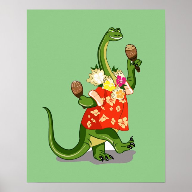 Poster Illustration D'Un Brontosaurus Jouant À Maracas. (Devant)